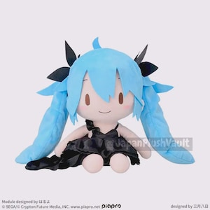 May include: A plush doll featuring a character with light blue hair and a black dress. The doll has a smiling face with brown eyes and is sitting down. The doll's hair is styled in pigtails. The doll is a collectible item.