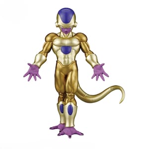 May include: A standing humanoid action figure with a metallic gold body, purple accents on the head, chest, hands, and feet, and a long, curved gold tail. The figure has a smooth, muscular build with distinct purple patches on the limbs and torso.