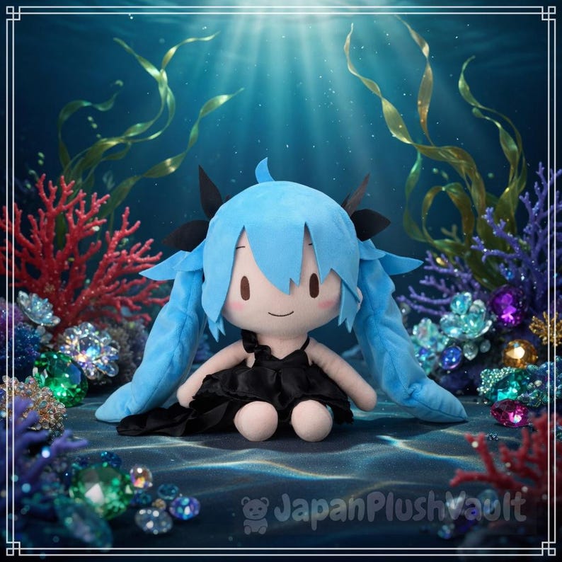 May include: A plush doll with light blue hair and a black dress, set against an underwater scene with coral and gems. The doll has a smiling face and long pigtails. The background features various shades of blue and green.