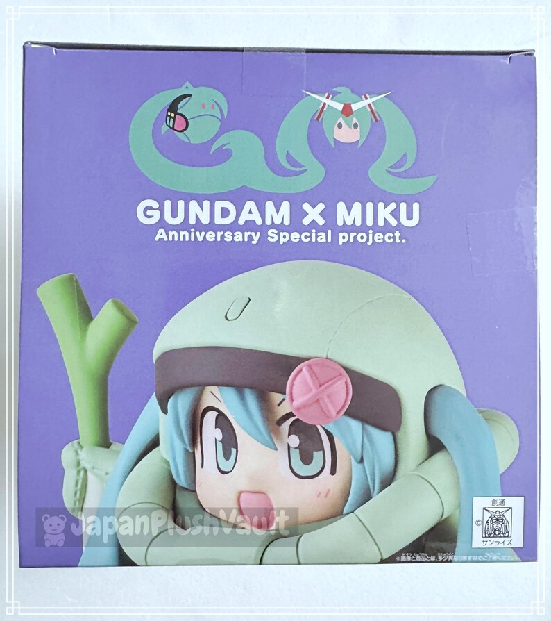 May include: A box featuring a Gundam X Miku figure. The figure has a light green helmet and blue hair. The box is purple with the text "GUNDAM X MIKU Anniversary Special project."