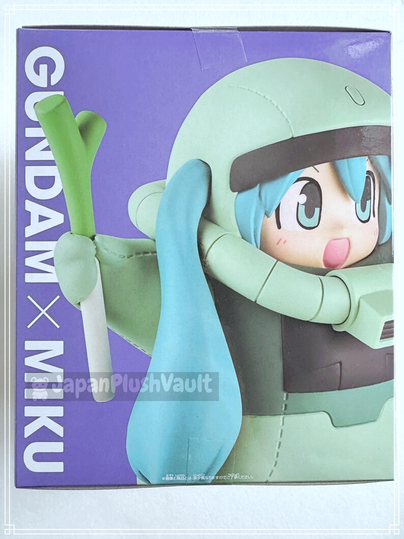May include: A collectible figure of a character in a light green suit with blue hair, holding a green and white vegetable. The figure is in a box with the text "GUNDAM x MIKU" on a purple background.