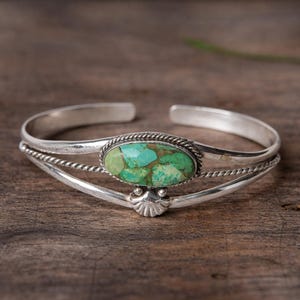 Grünes Kupfer Türkis Sterling Silber Manschette Armband, Boho Armreif