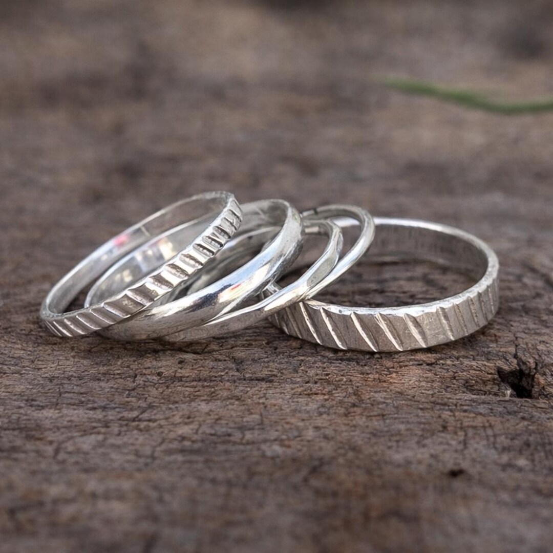 Handmade Silver Stackable Rings, Geometric Textured Band Set, Thin 925 ...