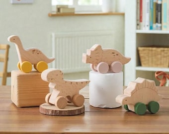Baby Wooden Beech Car • BPA-Free Dinosaur Push Toy • Montessori Toddler Toy