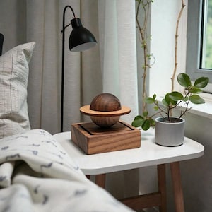 May include: A wooden decorative object resembling a planet, with a dark brown sphere and a light brown ring, sits atop a wooden box. A small potted plant with green leaves is on a white side table. A black lamp is in the background.