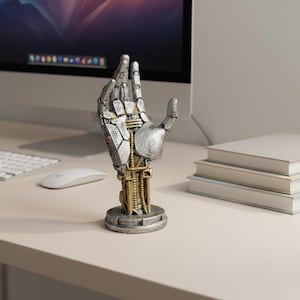 May include: A silver and gold robotic hand sculpture with intricate mechanical details. The hand is posed in a gesture, mounted on a circular base. The sculpture is a decorative item, possibly for a desk or shelf.