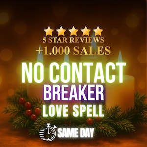 Puede incluir: Anuncio con el texto "5 Star Reviews +1.000 Sales", "No Contact Breaker Love Spell Same Day". La imagen muestra velas encendidas, vegetación festiva y un icono de temporizador, sobre un fondo cálido y borroso.