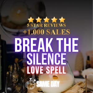以下が含まれることがあります： ガラスのキャンドル、小さな仏像、そして「BREAK THE SILENCE LOVE SPELL」というテキストと、その下に「SAME DAY」というテキストが書かれた画像。画像には「5 STAR REVIEWS +1.000 SALES」というテキストも含まれています。