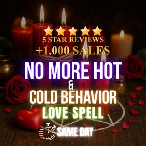 May include: Image featuring red candles with lit flames, a red heart, and rose petals. Text reads "5 STAR REVIEWS +1.000 SALES" and "NO MORE HOT & COLD BEHAVIOR LOVE SPELL SAME DAY". The background is dark with a pentagram.