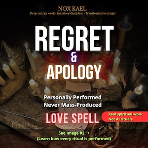 以下が含まれることがあります： NOX KAEL、REGRET & APOLOGY、Personally Performed Never Mass-Produced、LOVE SPELL、Real spiritual work Not AI rituals、See Image #2 (Learn how every ritual is performed)というテキストが書かれた、火のついたキャンドルと儀式用アイテムのコレクション。