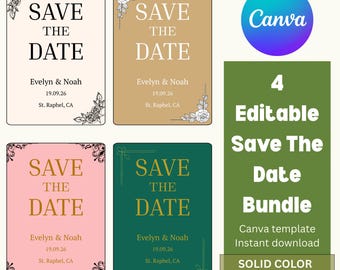 Wedding Save The Date Card – Solid Color Bundle (Editable in Canva) I Minimalist Card