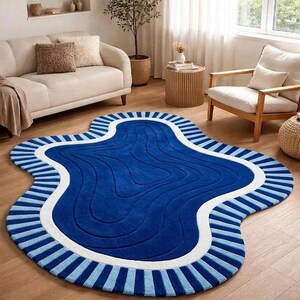 Blue Abstract Shape Rug, Modern Irregular Area Rug, Wavy Pattern Carpet, Scandinavian Minimalist Rug, Living Room Statement Floor Décor