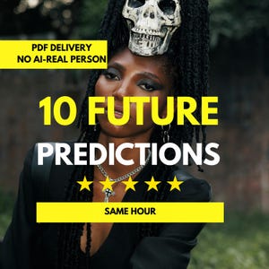 May include: A person with dark braided hair wearing a skull accessory on their head, a silver chain necklace with a cross pendant, and a black blazer. The image features yellow text boxes stating PDF DELIVERY, NO AI-REAL PERSON, 10 FUTURE PREDICTIONS, and SAME HOUR, along with five yellow stars.