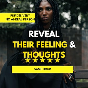 Może przedstawiać: Cyfrowa grafika przedstawiająca osobę z ciemnymi warkoczami w czarnym ubraniu. Tekst głosi: PDF DELIVERY NO AI-REAL PERSON, REVEAL THEIR FEELING & THOUGHTS oraz SAME HOUR. Pod głównym tekstem znajduje się pięć żółtych gwiazdek.
