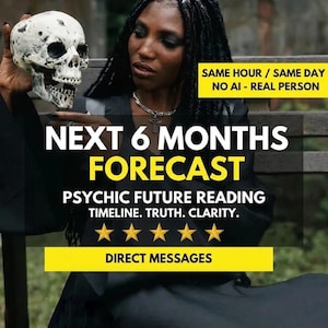 Może przedstawiać: Ludzka czaszka trzymana w dłoni z nałożonym tekstem NEXT 6 MONTHS FORECAST, PSYCHIC FUTURE READING, TIMELINE. TRUTH. CLARITY., SAME HOUR / SAME DAY, NO AI - REAL PERSON, DIRECT MESSAGES oraz pięcioma żółtymi gwiazdkami wskazującymi na ocenę.