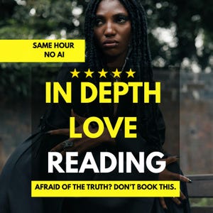 May include: A person with long dark braided hair wearing a black garment. Text overlays include: SAME HOUR NO AI, five yellow stars, IN DEPTH LOVE READING, and AFRAID OF THE TRUTH? DON'T BOOK THIS. The person has dark nail polish and a dark ring.