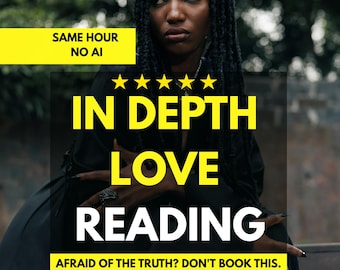 Puede incluir: Una persona con cabello largo y trenzado oscuro vistiendo una prenda negra. Los textos superpuestos incluyen: SAME HOUR NO AI, cinco estrellas amarillas, IN DEPTH LOVE READING y AFRAID OF THE TRUTH? DON'T BOOK THIS. Esmalte y anillo oscuros.