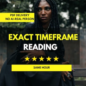 Könnte beinhalten: Eine digitale Grafik mit dem Text PDF DELIVERY NO AI-REAL PERSON, EXACT TIMEFRAME READING, fünf gelben Sternen und dem Text SAME HOUR. Im Hintergrund ist eine Person mit langen, dunklen Zöpfen in schwarzer Kleidung und Ringen zu sehen.