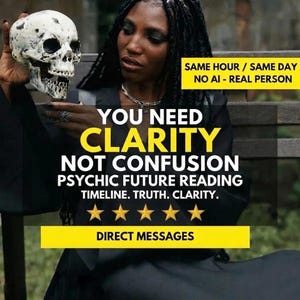 May include: A white human skull with dark weathering marks held up. Text overlay reads: SAME HOUR / SAME DAY NO AI - REAL PERSON, YOU NEED CLARITY NOT CONFUSION PSYCHIC FUTURE READING TIMELINE. TRUTH. CLARITY. Five yellow stars and DIRECT MESSAGES.