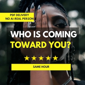 May include: A digital graphic featuring the text PDF DELIVERY NO AI-REAL PERSON, WHO IS COMING TOWARD YOU?, five yellow stars, and SAME HOUR. The image displays a person with dark skin, long dark braided hair, and a silver ring on their finger.
