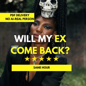 May include: A person with long dark braided hair wearing a skull accessory on their head, a black blazer, and a silver cross necklace. Text overlays read: PDF DELIVERY NO AI-REAL PERSON, WILL MY EX COME BACK?, five yellow stars, and SAME HOUR.