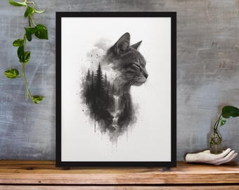 Minimalist Cat Wall Art Printable, Black and White Cat Print, Zen Nature Decor, Cat Lover Gift, Modern Bathroom Art, Instant Download