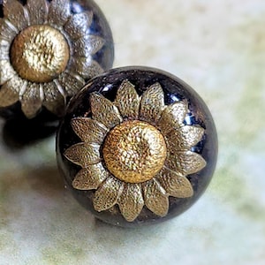 3 Antique Tinted Brass Charmstring Ball Buttons w/ Gilt Sunflower Cap ~ 1/2"