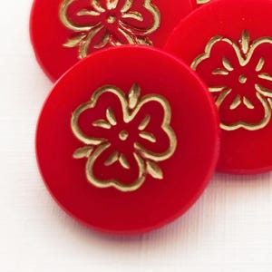 Set of 5 Vintage Red Glass Shamrock Picture Buttons ~ Incised 3 Leaf Clover in Gold Luster ~ just over 11/16" 18mm