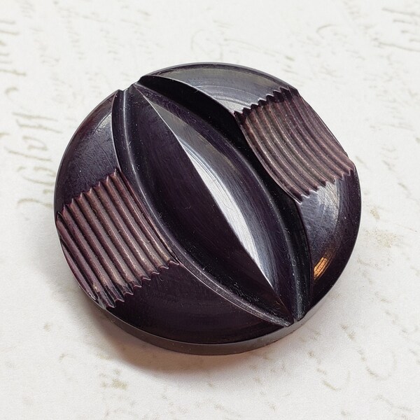 CLEARANCE ~ Large Carved Black Celluloid Coat Button ~ Faintest hint of Purple ~ 1-5/8" ~ Stunning !