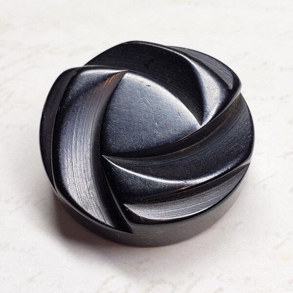 Triad Pinwheel ~ Large Chunky Deeply Carved Black Bakelite Coat Button ~ 1-7/16" 37mm ~ Gorgeous!