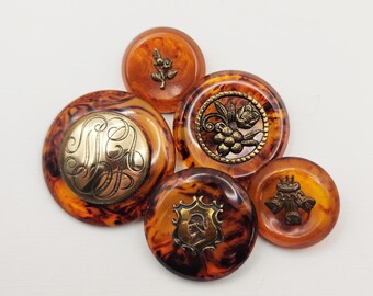 5 Vintage Imitation Faux Tortoise Bakelite Buttons w/ Brass OME ~ 1-1/8" to 1-11/16"