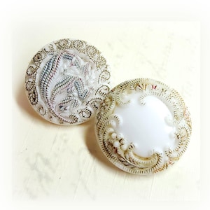 Antique White Milk Glass Sewing Button ~ Triad Design w/ Mini Florals and Gold Luster Twisted Rope Trim ~ almost 1-1/16&quot; 27mm