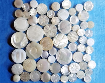 63 Mixed Antique Carved Pearl Shell Buttons ~ All Self Shank ~ 3/8" to over 7/8"