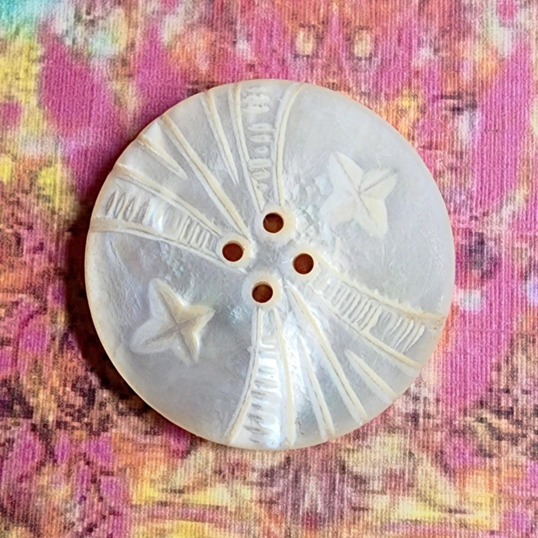 Antique Carved Pearl Shell Button W/ Crosses and Fancy Arcs ~ Just Over ...
