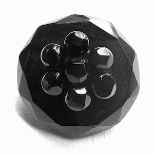 Antique Black Glass Sewing Button ~ Unusual Floret Escutcheon of Facet Cut Black Glass w/ Metal Backing ~ just over 11/16&quot; 18mm