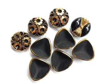 Fancy Vintage Black Glass Sewing Buttons w/ Gold Luster ~ 2 Sets & a Solitaire