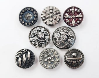 8 Antique 1 Pc Pewter Buttons ~ Florals Tints Pierced etc ~ approx 5/8" to 11/16"