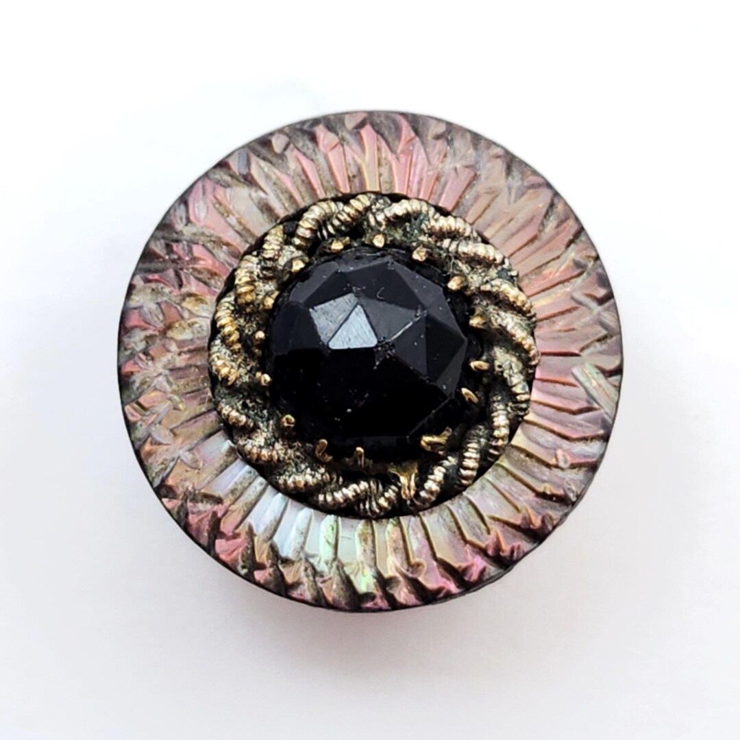 Antique Iridescent Carved Pearl Shell Button W/ Faceted Black Glass ...