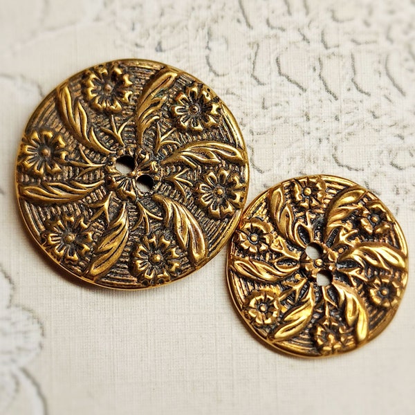 Floral Pinwheel of Leaves & Flowers ~ Bright Pair of Brass Mother Daughter Sewing Buttons ~ 1-1/8" and 7/8"