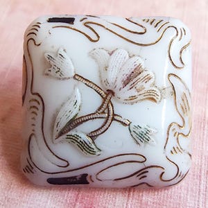 Antique Square Victorian Milk Glass Button ~ Graceful Art Nouveau Relief Floral ~ just under 11/16&quot; 17mm