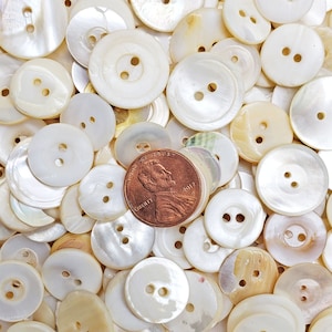 May include: A large pile of white and cream-colored mother of pearl buttons with two holes each. A US penny is included for scale.