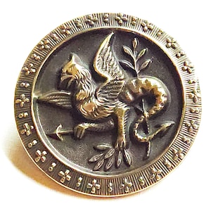 Dragon w/ Arrow Tail ~ Antique Stamped Brass Fabulous Creature Picture Button ~ just under 1-1/4&quot; 31mm