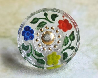 Back Painted Yellow Red & Blue Flowers ~ Vintage Clear Glass Picture Button ~ Gold Luster Top Knob ~ Ground Glass Edge ~ just under 9/16"
