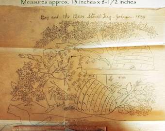 Boy & the Bees ~ Antique 1834 Stencil Pattern ~ Early American Decorative Tray Design ~ Pieces Cut from Tracing Linen