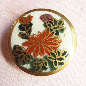 Vintage Floral Satsuma Japanese Porcelain Sewing Button ~ Hand Painted Flowers w/ Gold Trim ~ 11/16&quot; 17mm