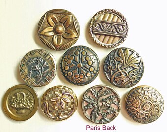 9 Antique Victorian Metal Flower Picture Buttons ~ Pierced Silvered Brass Tinted etc ~ 1 Paris Back ~ almost 1" to just over 1-1/8"