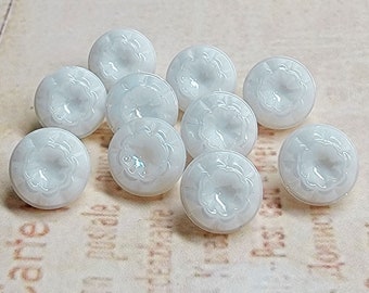 10 Vintage Iridescent White Glass Buttons ~ just over 3/8" ~ Wedding Baby Doll Christening ~ Stylized Flower Design