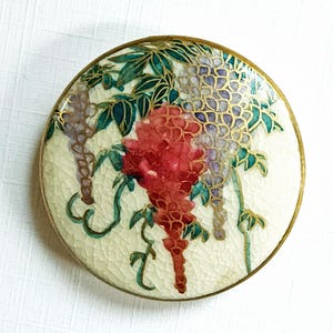 Vintage Satsuma Japanese Porcelain Sewing Button ~ Hand Painted Wisteria Flowers w/ Gold Trim ~ just under 1-1/4&quot; 31mm