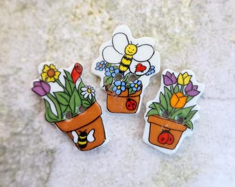 3 Novelty Ceramic Picture Buttons ~ Flower Pots w/ Bees & Ladybugs
