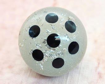 Antique Swirlback Glass Charmstring Paperweight Button ~ Silver Tinsel on White Base ~ Black Dotted Overlay ~ just under 5/8" 15mm